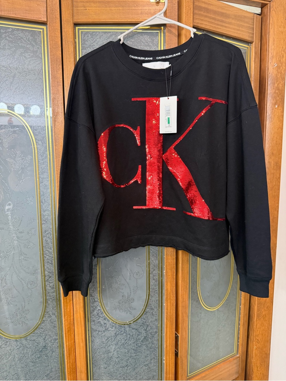 Calvin Klein Jeans Black Crewneck Sweatshirt with Red Sequin CK, BRAND NEW